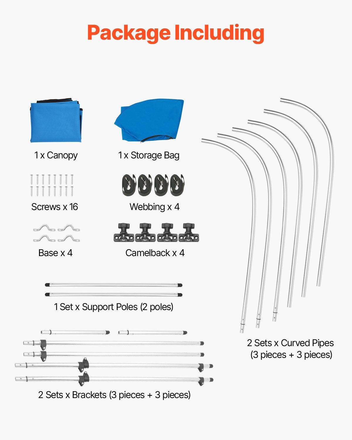 3 Bow Boat Bimini Tops, 600D Polyester Canopy with Aluminum Alloy Frame, Waterproof & Sun Shade Boat Awning Canopy with Storage Bag, 2 Support Poles, 4 Straps, 6'Lx(61"-66")W x46"H, Pacific Blue