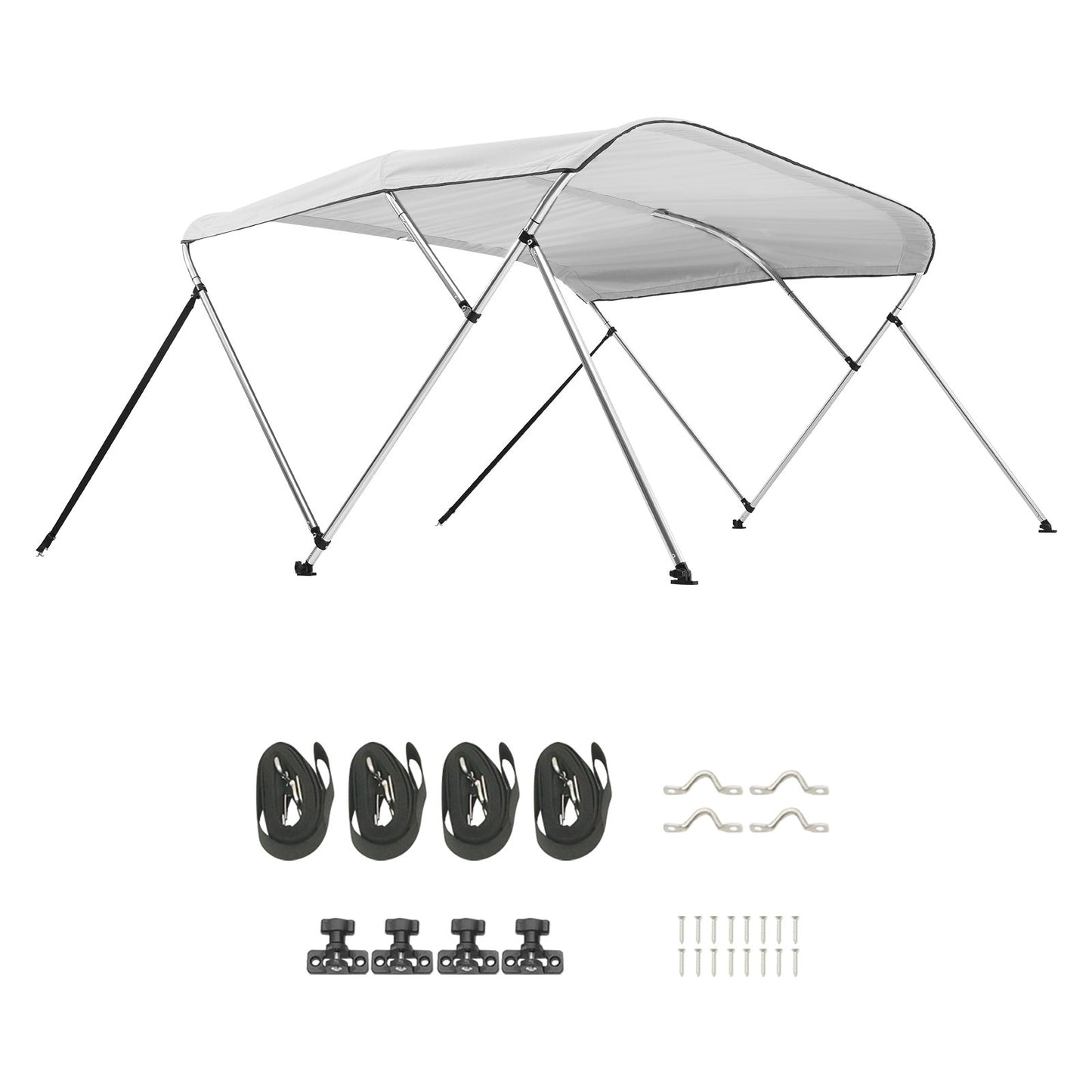 3 Bow Boat Bimini Tops, 600D Polyester Canopy with Aluminum Alloy Frame, Waterproof & Sun Shade Boat Awning Canopy with Storage Bag, 2 Support Poles, 4 Straps, 6'Lx(61"-66")Wx46"H, Light Grey