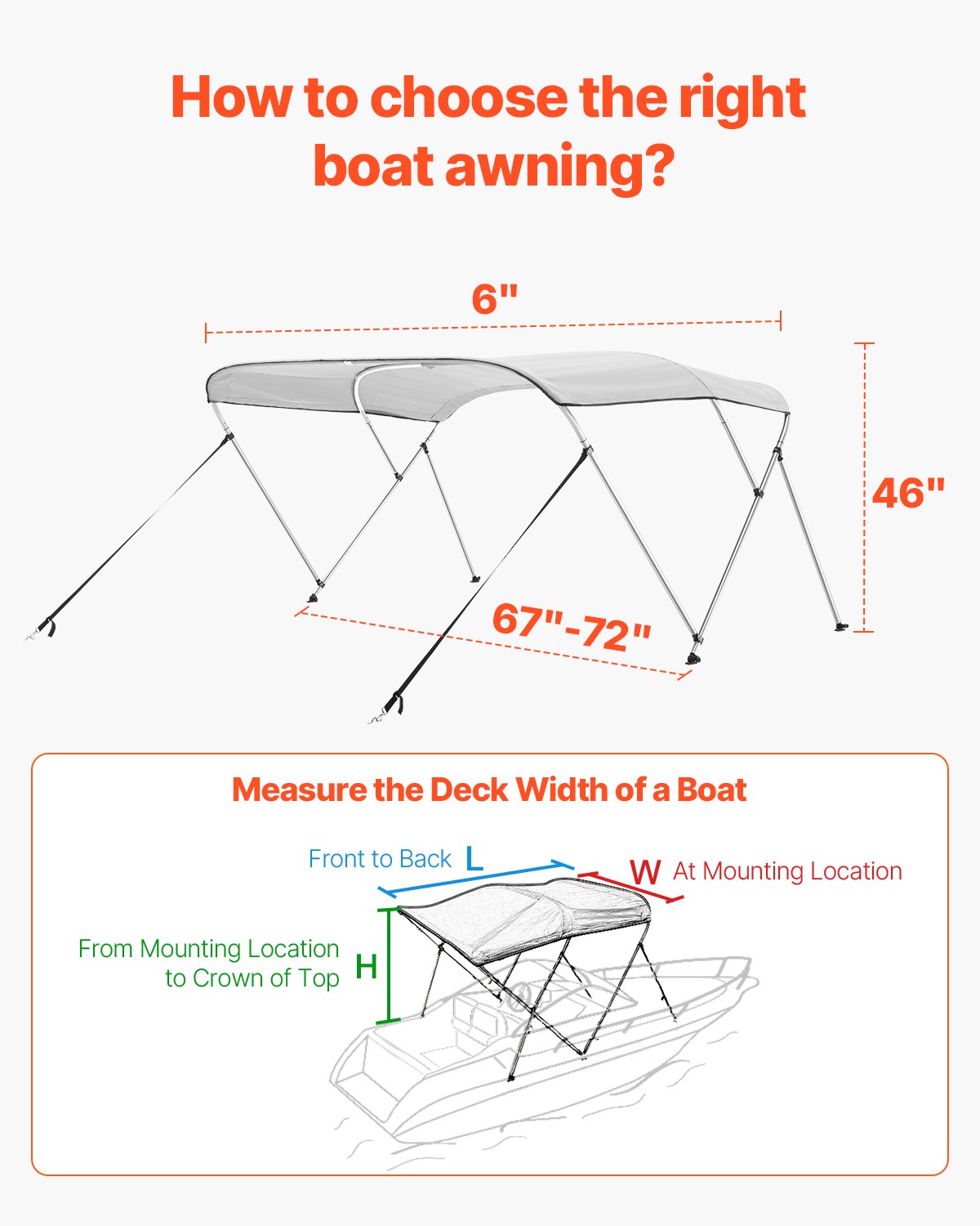 3 Bow Boat Bimini Tops, 600D Polyester Canopy with Aluminum Alloy Frame, Waterproof & Sun Shade Boat Awning Canopy with Storage Bag, 2 Support Poles, 4 Straps, 6'Lx(67"-72")Wx46"H, Light Grey