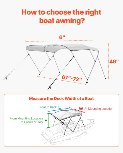 3 Bow Boat Bimini Tops, 600D Polyester Canopy with Aluminum Alloy Frame, Waterproof & Sun Shade Boat Awning Canopy with Storage Bag, 2 Support Poles, 4 Straps, 6'Lx(67"-72")Wx46"H, Light Grey