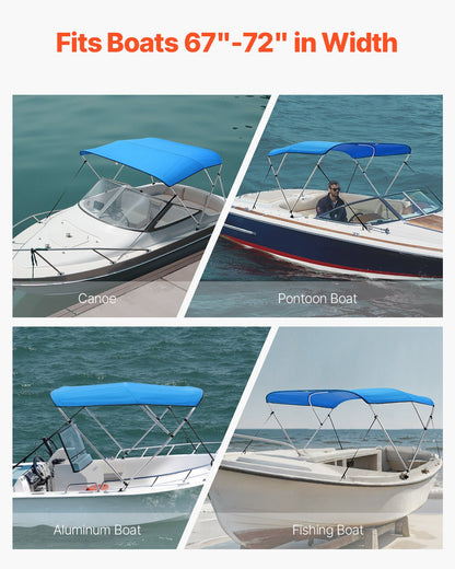 3 Bow Boat Bimini Tops, 600D Polyester Canopy with Aluminum Alloy Frame, Waterproof & Sun Shade Boat Awning Canopy with Storage Bag, 2 Support Poles, 4 Straps, 6'Lx(67"-72")Wx46"H, Pacific Blue