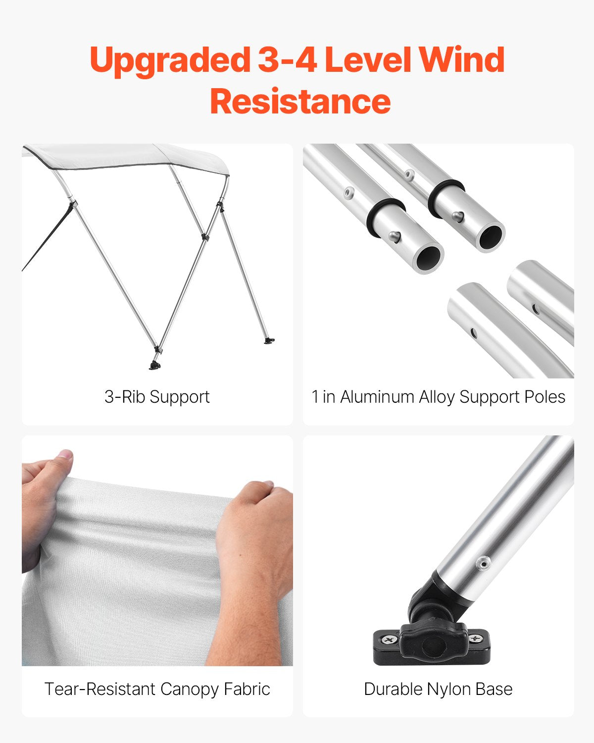 3 Bow Boat Bimini Tops, 600D Polyester Canopy with Aluminum Alloy Frame, Waterproof & Sun Shade Boat Awning Canopy with Storage Bag, 2 Support Poles, 4 Straps, 72"Lx(73"-78")Wx46"H, Light Grey