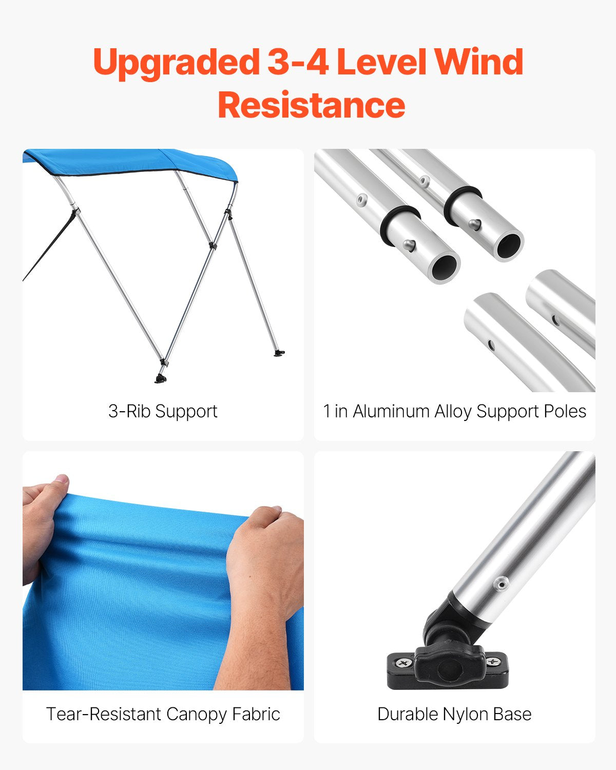 3 Bow Boat Bimini Tops, 600D Polyester Canopy with Aluminum Alloy Frame, Waterproof & Sun Shade Boat Awning Canopy with Storage Bag, 2 Support Poles, 4 Straps, 72"Lx(79"-84")Wx46"H, Pacific Blue