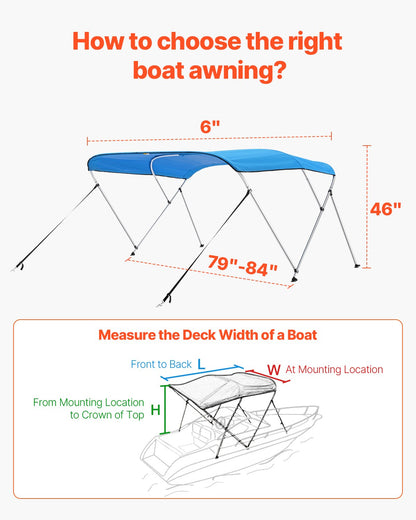 3 Bow Boat Bimini Tops, 600D Polyester Canopy with Aluminum Alloy Frame, Waterproof & Sun Shade Boat Awning Canopy with Storage Bag, 2 Support Poles, 4 Straps, 72"Lx(79"-84")Wx46"H, Pacific Blue