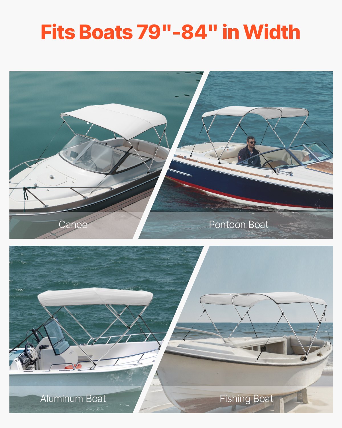 3 Bow Boat Bimini Tops, 600D Polyester Canopy with Aluminum Alloy Frame, Waterproof & Sun Shade Boat Awning Canopy with Storage Bag, 2 Support Poles, 4 Straps, 72"Lx(79"-84")Wx46"H, Light Grey