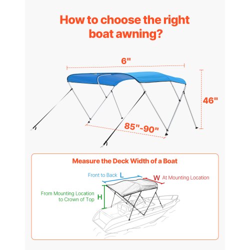 3 Bimini-Tops für Bugboote, 183 cm lang x 215–238 cm breit x 116 cm hoch, Pazifikblau | EU