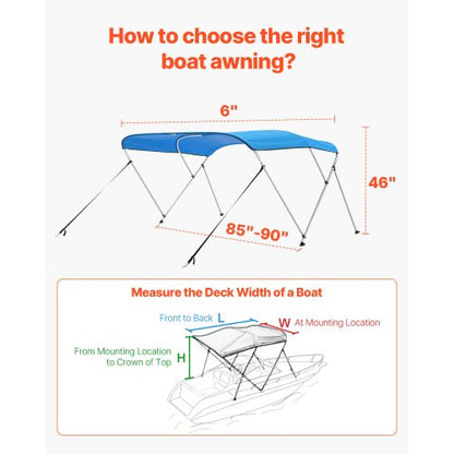 3 Bimini-Tops für Bugboote, 183 cm lang x 215–238 cm breit x 116 cm hoch, Pazifikblau | EU