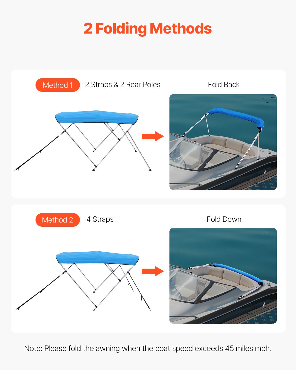 3 Bow Boat Bimini Tops, 600D Polyester Canopy with Aluminum Alloy Frame, Waterproof & Sun Shade Boat Awning Canopy with Storage Bag, 2 Support Poles, 4 Straps, 72"Lx(85"-90")Wx46"H, Pacific Blue