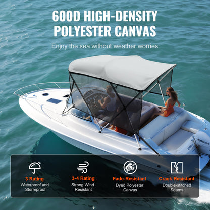 3 Bow Bimini Top Boat Cover, Detachable Mesh Sidewalls, 600D Polyester Canopy with 1" Aluminum Alloy Frame, Includes Storage Boot, 2 Support Poles, 2 Straps, 6'L x 46"H x 79"-84"W, Light Grey