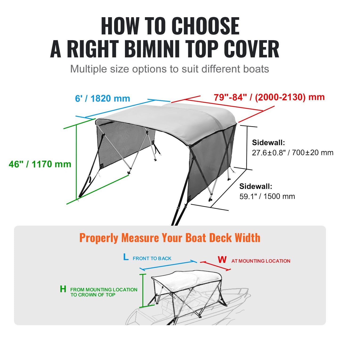 3 Bow Bimini Top Boat Cover, Detachable Mesh Sidewalls, 600D Polyester Canopy with 1" Aluminum Alloy Frame, Includes Storage Boot, 2 Support Poles, 2 Straps, 6'L x 46"H x 79"-84"W, Light Grey