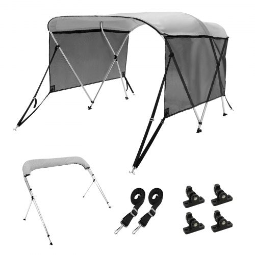 3 Bow Bimini Top Boat Cover, Detachable Mesh Sidewalls, 600D Polyester Canopy with 1" Aluminum Alloy Frame, Includes Storage Boot, 2 Support Poles, 2 Straps, 6'L x 46"H x 67"-72"W, Light Grey