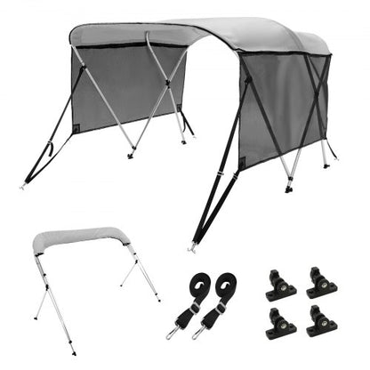3 Bow Bimini Top Boat Cover, Detachable Mesh Sidewalls, 600D Polyester Canopy with 1" Aluminum Alloy Frame, Includes Storage Boot, 2 Support Poles, 2 Straps, 6'L x 46"H x 67"-72"W, Light Grey