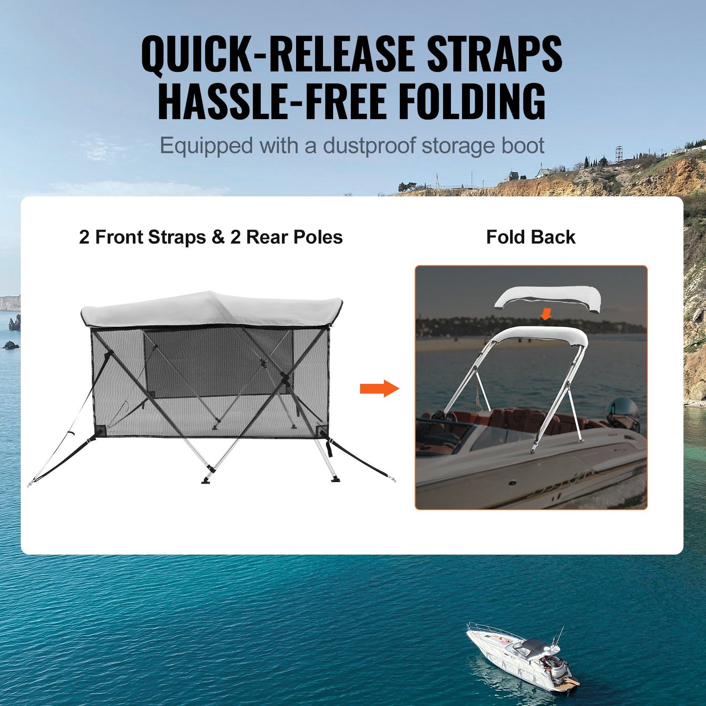 3 Bow Bimini Top Boat Cover, Detachable Mesh Sidewalls, 600D Polyester Canopy with 1" Aluminum Alloy Frame, Includes Storage Boot, 2 Support Poles, 2 Straps, 6'L x 46"H x 67"-72"W, Light Grey