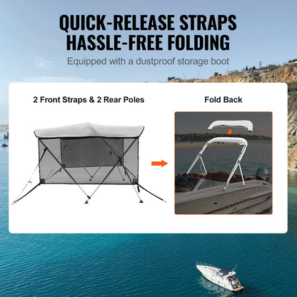 3 Bow Bimini Top Boat Cover, Detachable Mesh Sidewalls, 600D Polyester Canopy with 1" Aluminum Alloy Frame, Includes Storage Boot, 2 Support Poles, 2 Straps, 6'L x 46"H x 67"-72"W, Light Grey