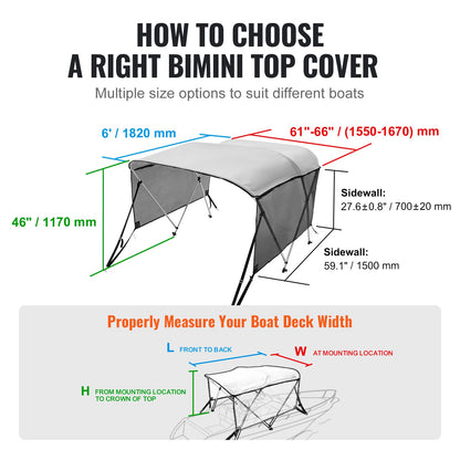 3 Bow Bimini Top Boat Cover, Detachable Mesh Sidewalls, 600D Polyester Canopy with 1" Aluminum Alloy Frame, Includes Storage Boot, 2 Support Poles, 2 Straps, 6'L x 46"H x 61"-66"W, Light Grey