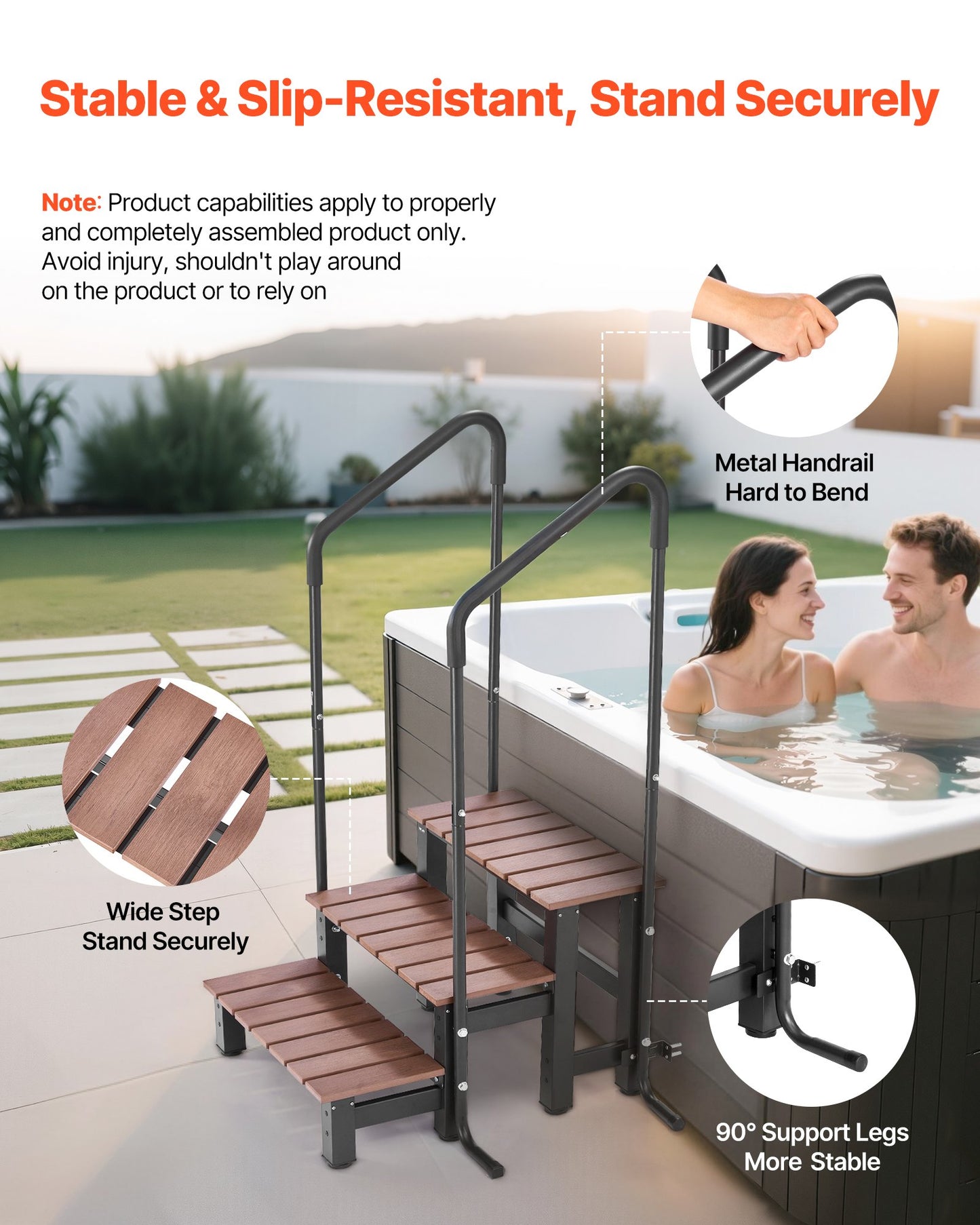 Hot Tub Steps with Handrail, 3-Step Spa Outdoor Stairs, Heavy Duty 25.2 inch Wide Above-Ground/Inflatable Pool Ladder with 550 lbs Weight Capacity, Multi-Use for Porch, Patio, Deck, Trailers