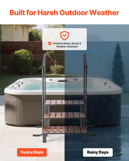 Hot Tub Steps with Handrail, 3-Step Spa Outdoor Stairs, Heavy Duty 25.2 inch Wide Above-Ground/Inflatable Pool Ladder with 550 lbs Weight Capacity, Multi-Use for Porch, Patio, Deck, Trailers