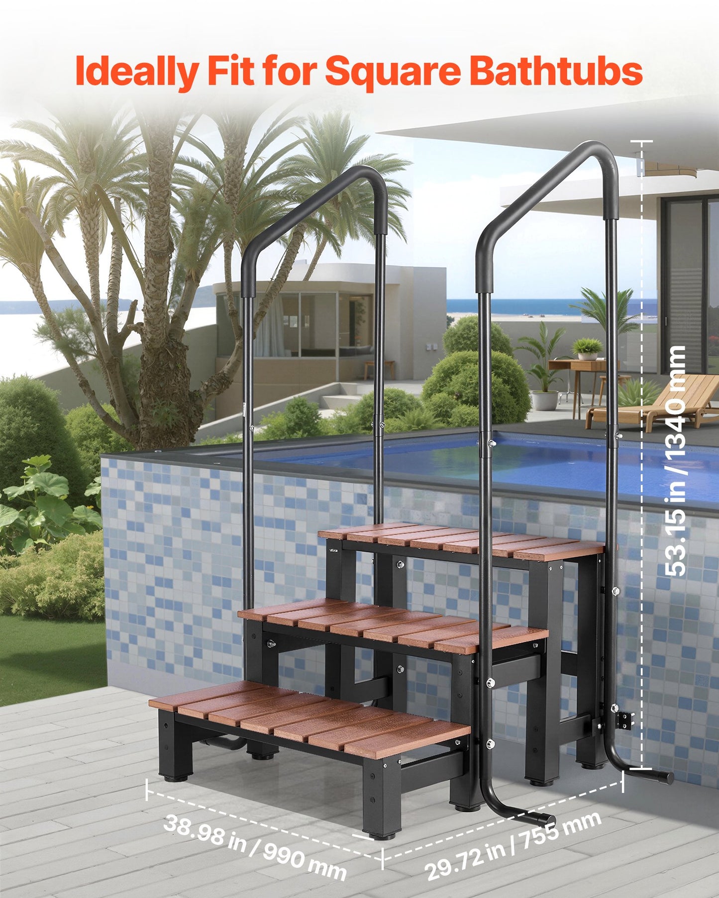 Hot Tub Steps with Handrail, 3-Step Spa Outdoor Stairs, Heavy Duty 25.2 inch Wide Above-Ground/Inflatable Pool Ladder with 550 lbs Weight Capacity, Multi-Use for Porch, Patio, Deck, Trailers