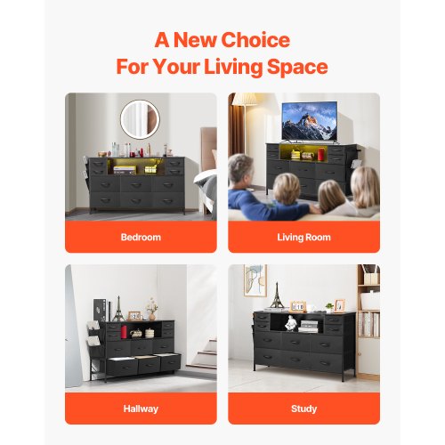 10 Stoffschubladen mit offenem Ablagefach, LED-Leuchten und Steckdosen, Schwarz