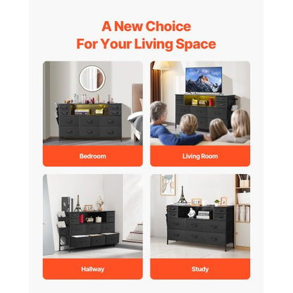 10 Stoffschubladen mit offenem Ablagefach, LED-Leuchten und Steckdosen, Schwarz