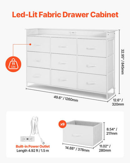 9 Drawer Dresser, Tall Drawer Dresser with Fabric Bin, Closet Storage Drawers with Sturdy Metal Frame, LED Lights & Built-in Outlet, Fabric Storage Tower for Bedroom, Hallway, Closet, White