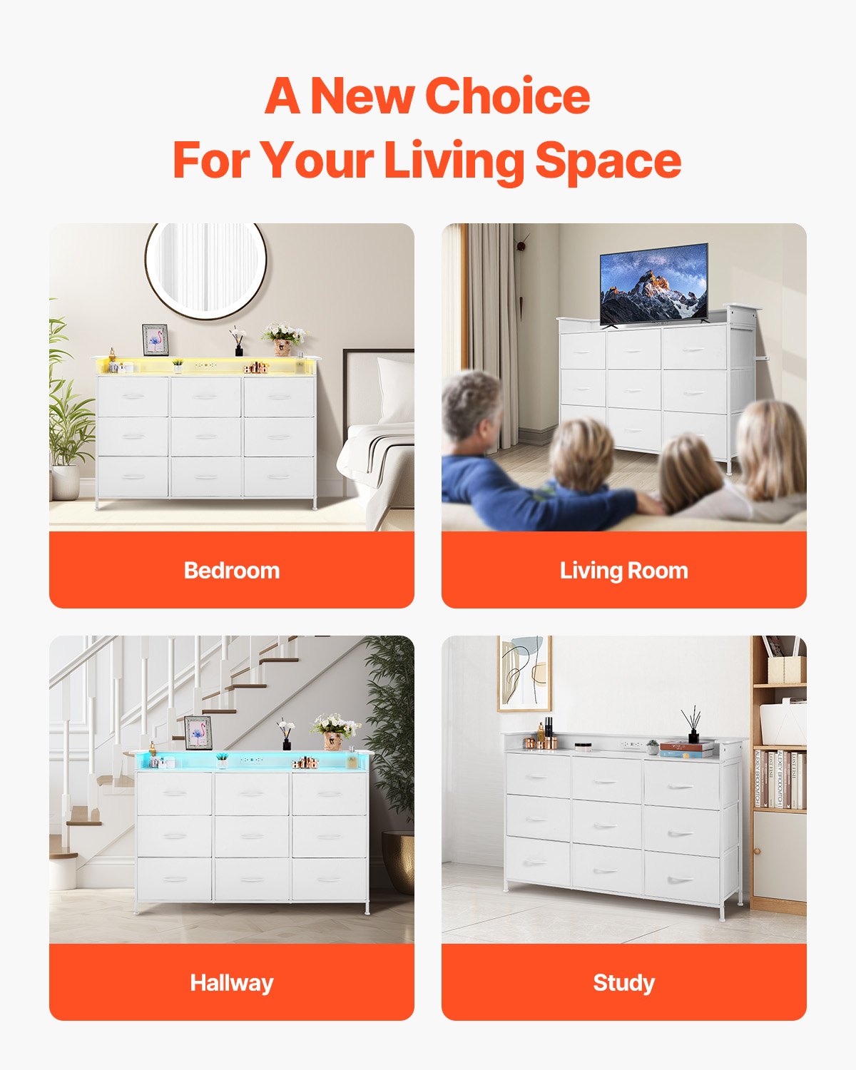 9 Drawer Dresser, Tall Drawer Dresser with Fabric Bin, Closet Storage Drawers with Sturdy Metal Frame, LED Lights & Built-in Outlet, Fabric Storage Tower for Bedroom, Hallway, Closet, White