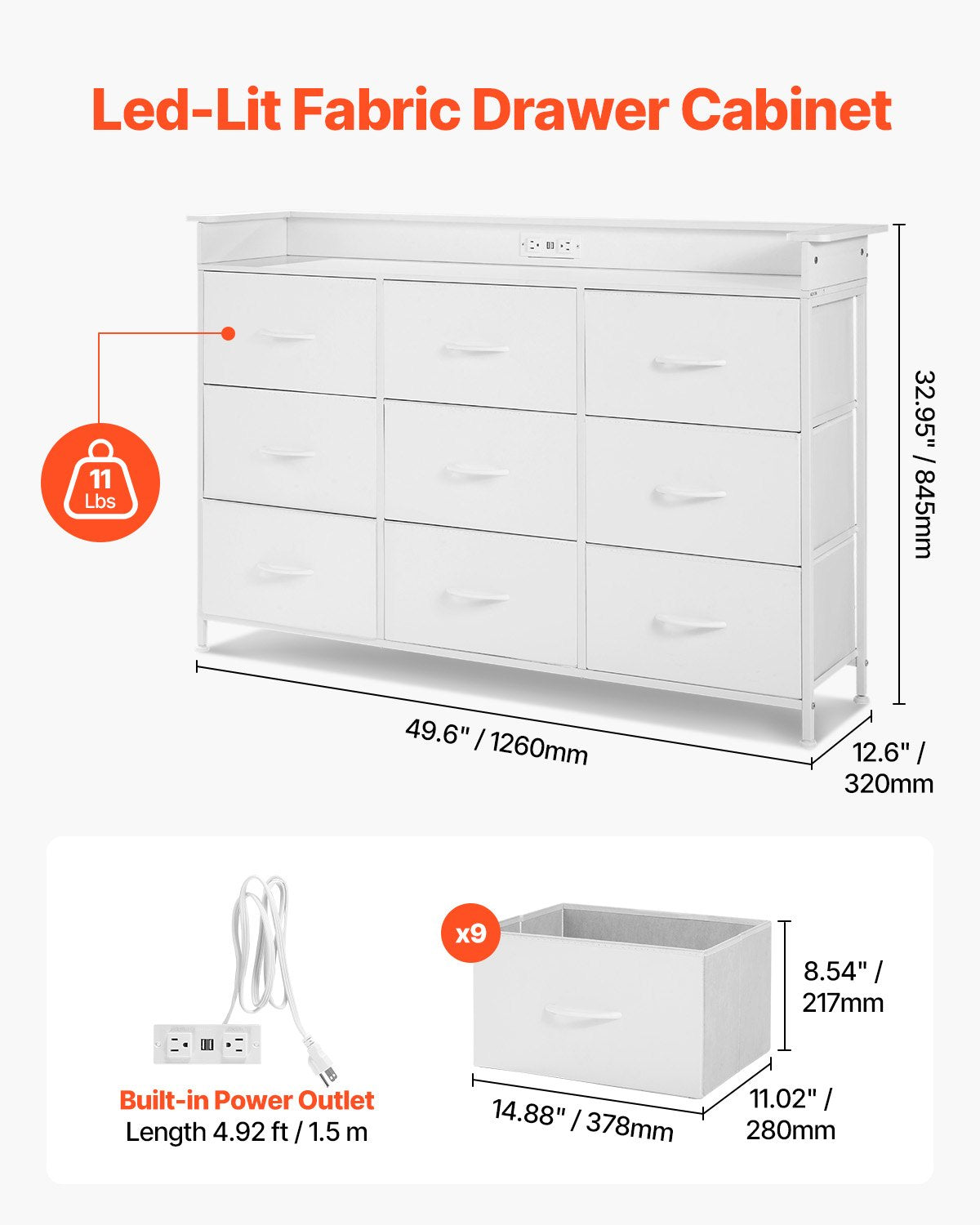 9 Drawer Chest High Fabric Drawer Chest with Bin LED &amp; Outlet White