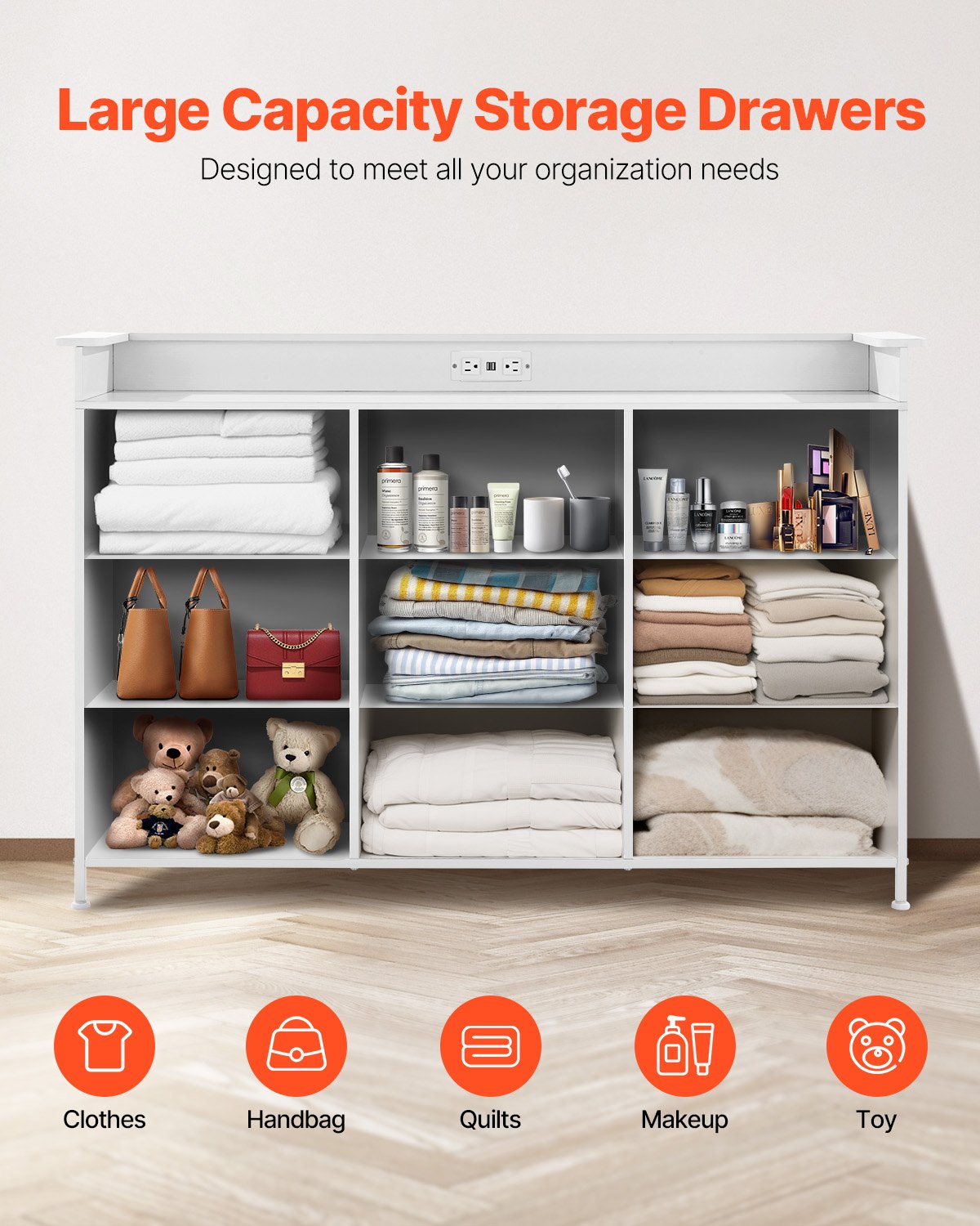 9 Drawer Chest High Fabric Drawer Chest with Bin LED &amp; Outlet White