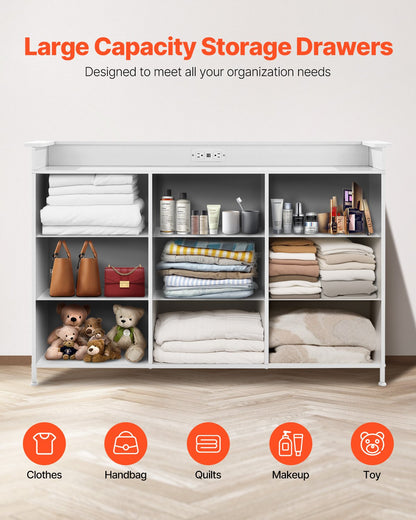 9 Drawer Chest High Fabric Drawer Chest with Bin LED &amp; Outlet White