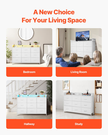 9 Drawer Chest High Fabric Drawer Chest with Bin LED &amp; Outlet White