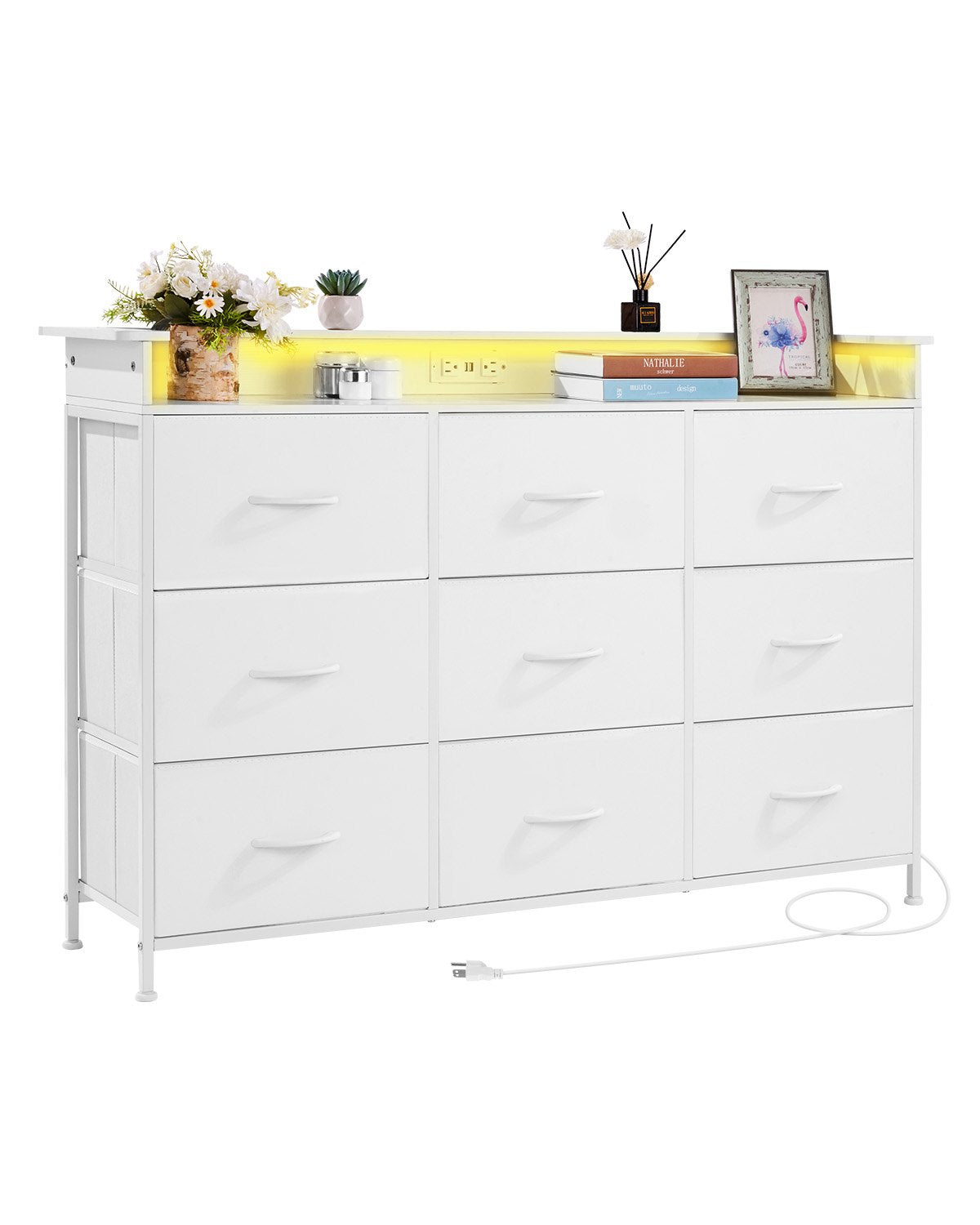 9 Drawer Chest High Fabric Drawer Chest with Bin LED &amp; Outlet White