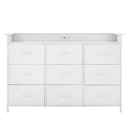 9 Drawer Chest High Fabric Drawer Chest with Bin LED &amp; Outlet White
