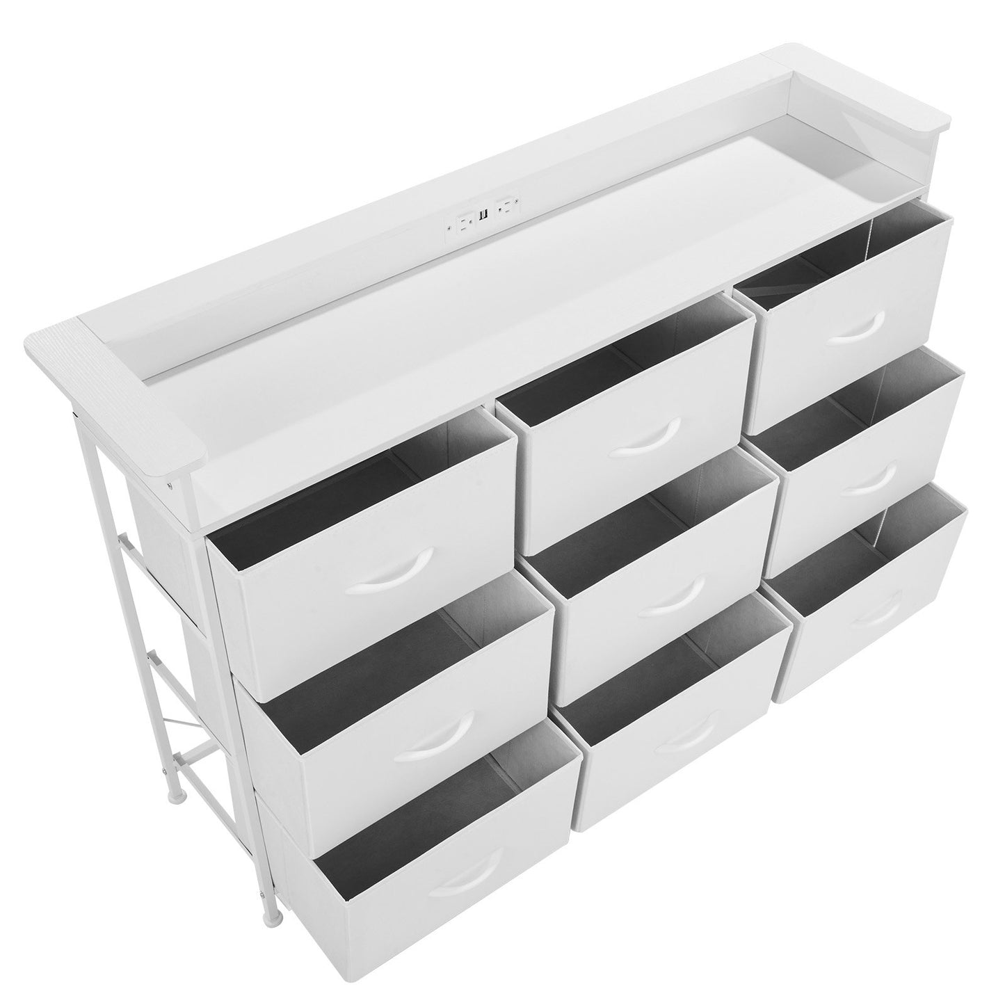 9 Drawer Chest High Fabric Drawer Chest with Bin LED &amp; Outlet White