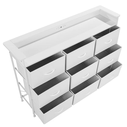 9 Drawer Chest High Fabric Drawer Chest with Bin LED &amp; Outlet White