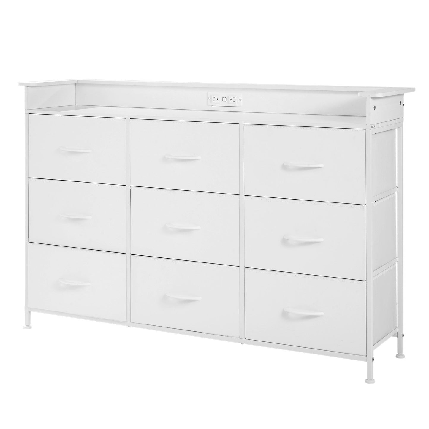 9 Drawer Chest High Fabric Drawer Chest with Bin LED &amp; Outlet White