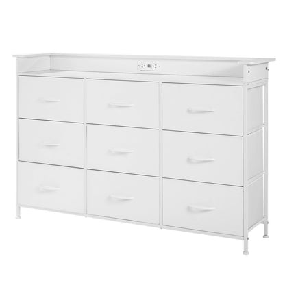 9 Drawer Chest High Fabric Drawer Chest with Bin LED &amp; Outlet White