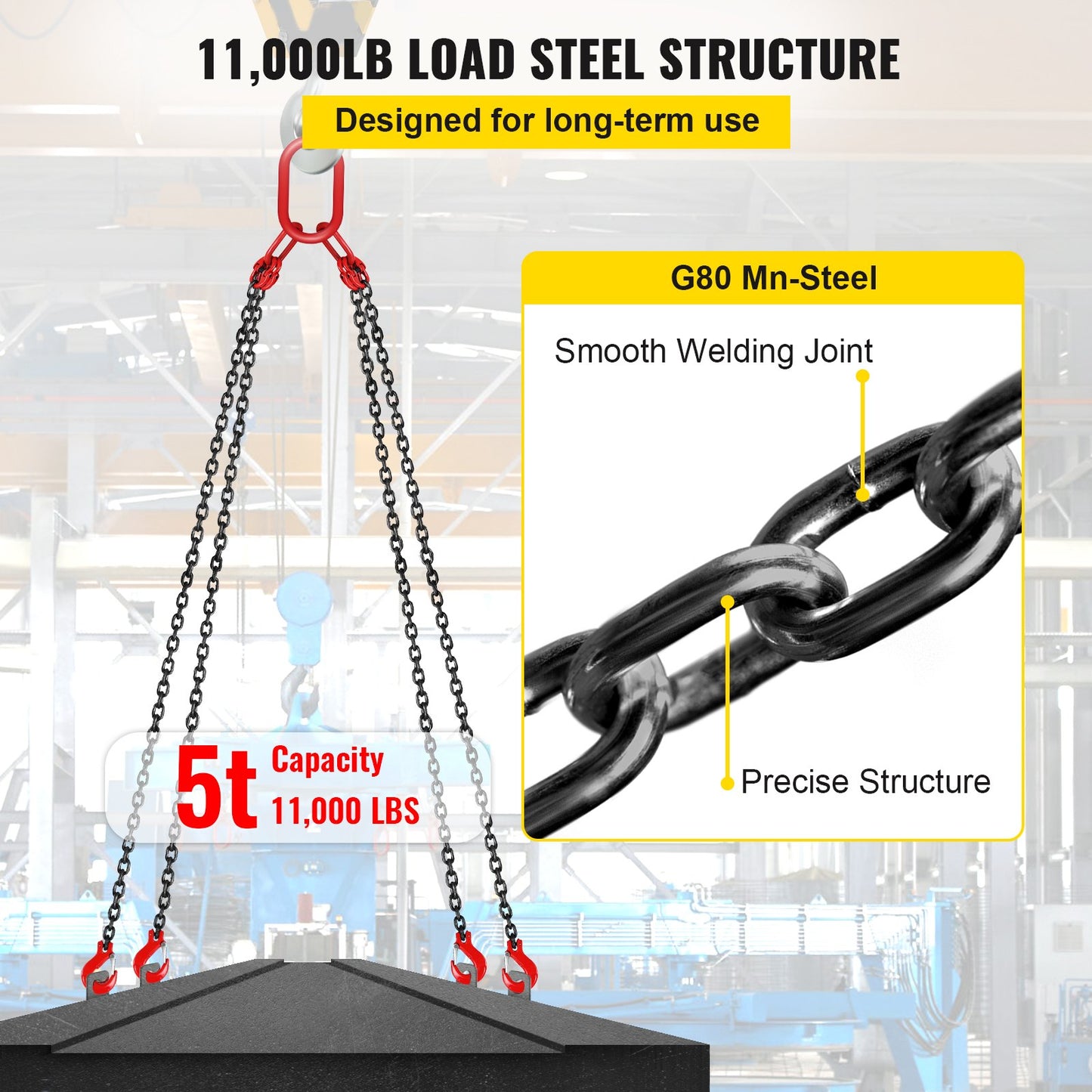 Chain Sling, 5/16 inch x 10 ft Lifting Chains with Hooks, G80 Engine Chain Hoist Lifts, 11000 lbs/5 Ton Capacity Lifting Sling Chains for Engine Hoist, Engine Lift Chain with 4 Leg Grab Hooks