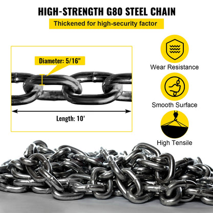 Chain Sling, 5/16 inch x 10 ft Lifting Chains with Hooks, G80 Engine Chain Hoist Lifts, 11000 lbs/5 Ton Capacity Lifting Sling Chains for Engine Hoist, Engine Lift Chain with 4 Leg Grab Hooks