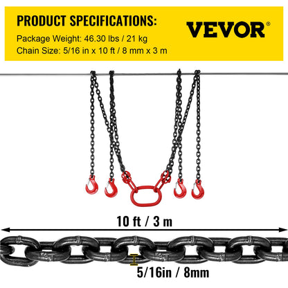 Chain Sling, 5/16 inch x 10 ft Lifting Chains with Hooks, G80 Engine Chain Hoist Lifts, 11000 lbs/5 Ton Capacity Lifting Sling Chains for Engine Hoist, Engine Lift Chain with 4 Leg Grab Hooks