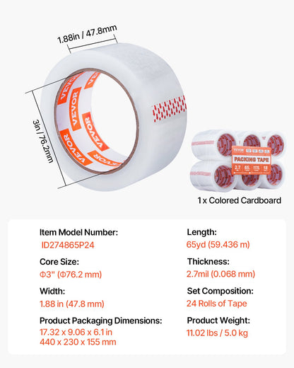 Packtejp 18 rullar 65 yards Heavy Duty klara packtejp 2,7 mil