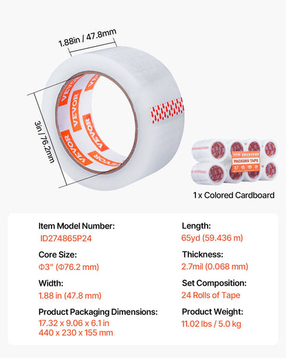 Packband, 24 Rollen, 65 Yards, strapazierfähiges, transparentes Packband, 2,7 mil