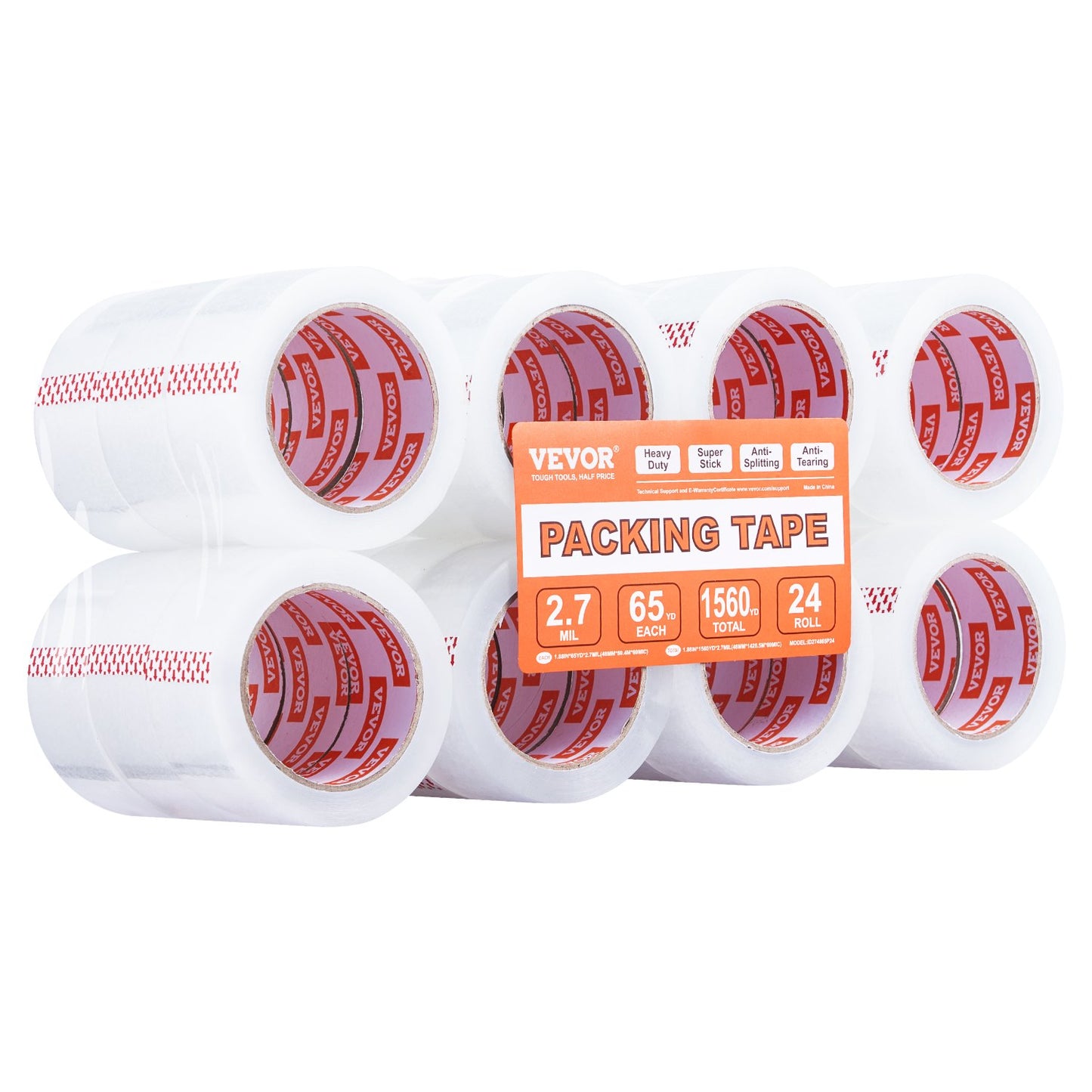 Packband, 24 Rollen, 65 Yards, strapazierfähiges, transparentes Packband, 2,7 mil