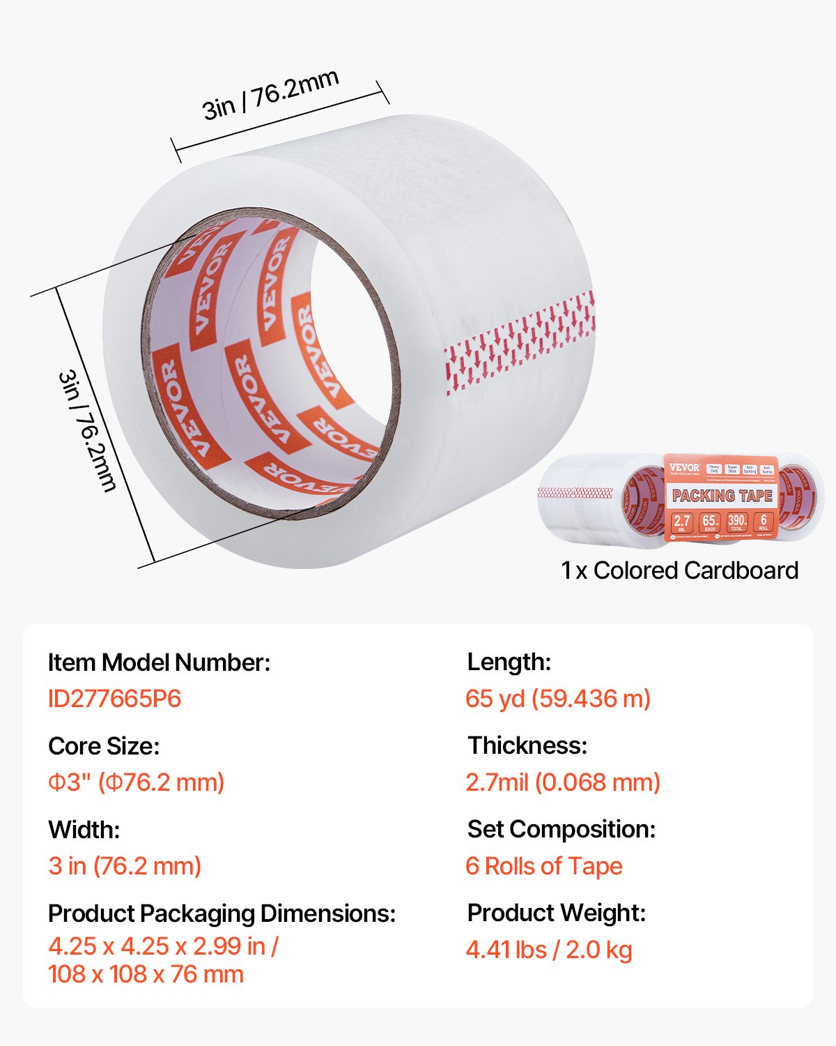 Transparentes Packband, 6 Rollen, 65 Yards, strapazierfähiges transparentes Packband, 2,7 mil