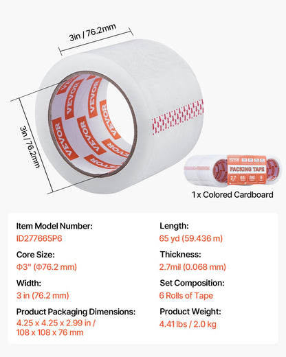 Transparentes Packband, 6 Rollen, 65 Yards, strapazierfähiges transparentes Packband, 2,7 mil