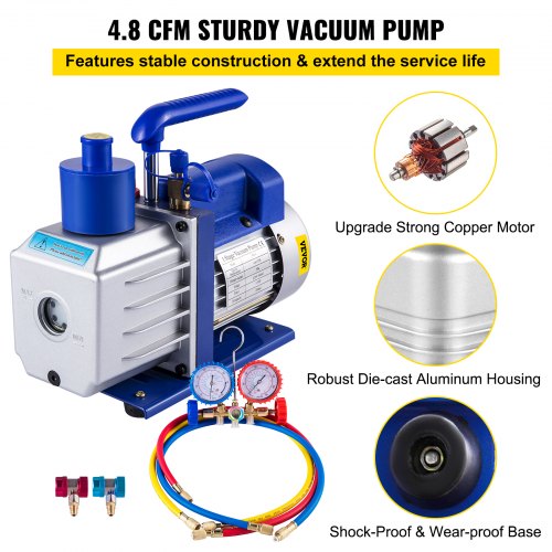 4.8CFM Vacuum Pump HVAC Refrigeration R22 R134A R410A A/C 4 Hoses Pressure Gauge | EU