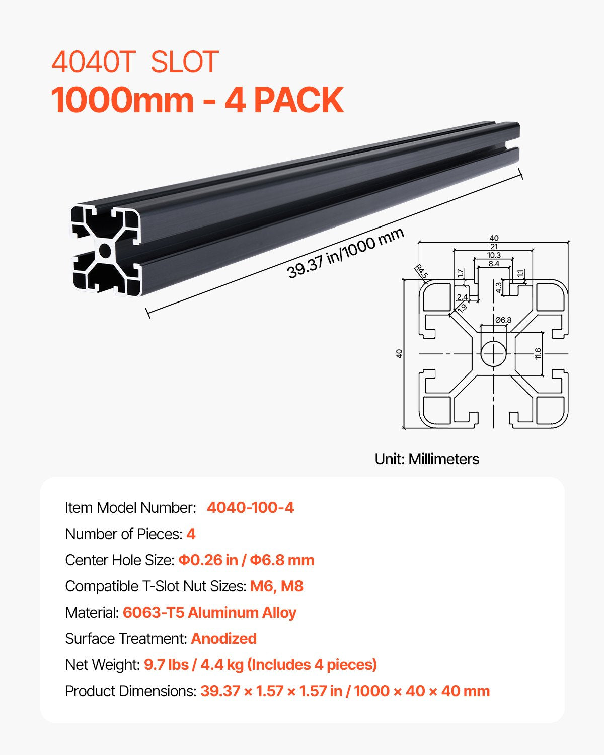 4PCS 39.4 in (1000mm) T Slot 4040 Aluminum Extrusion Profile, European Standard Anodized Linear Rail, High-Strength Extruded Aluminum Rail for 3D Printer, CNC Machine DIY, Laser Engraving, Black