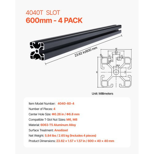 4 Stück 23,6 Zoll (600 mm) T-Schiene 4040 Aluminium-Strangpressprofil, eloxierte Linearschiene | EU