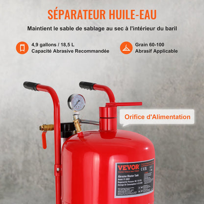 10Gal/40L Sandblaster Equipped with Nozzle Shut-Off Valve Pressure Gauge Ceramic Nozzle 2.5m Hose Filling Funnel Watertrap 6\" Rubber Wheels Grit Power Sand Blasters Portable Sandblasting Equipm