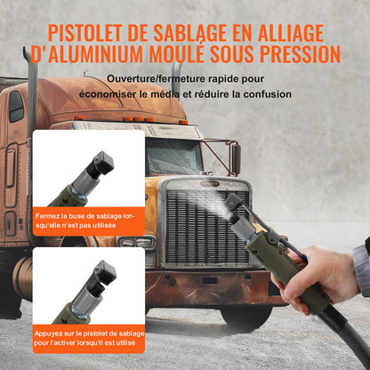 10Gal/40L Sandblaster Equipped with Nozzle Shut-Off Valve Pressure Gauge Ceramic Nozzle 2.5m Hose Filling Funnel Watertrap 6\" Rubber Wheels Grit Power Sand Blasters Portable Sandblasting Equipm