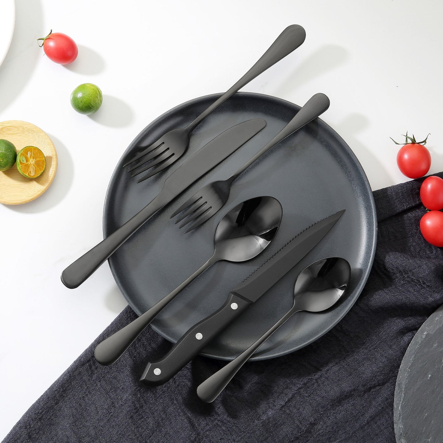 48-Piece Black Silverware Set with Steak Knives, Food-Grade Stainless Steel Flatware Utensils for 8, Mirror Finished Cutlery Set, Dishwasher Safe Eating Tableware for Kitchen Home, Service for 8